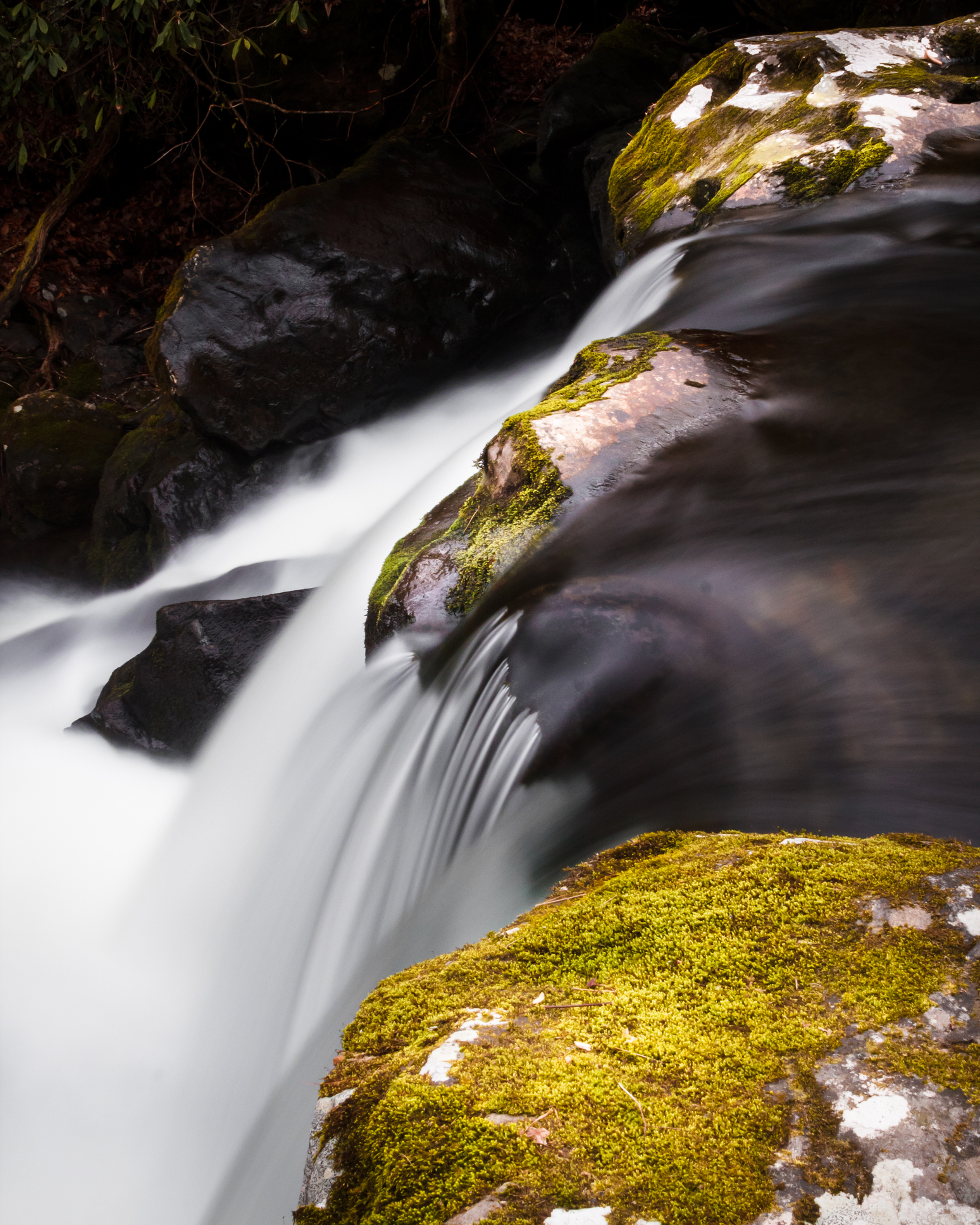 cascading waterfall in the peaceful side of the smokies